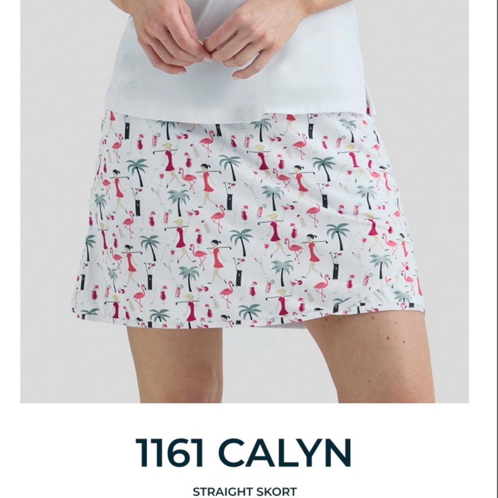 Bermuda Sands Apparel Straight Skort - Flamingo/Palm/Golf Print White base